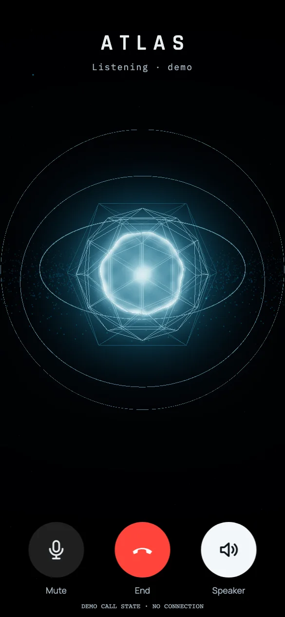 Atlas Talk at phone size: a luminous three-dimensional core, mute, end call and speaker controls; disconnected demo state