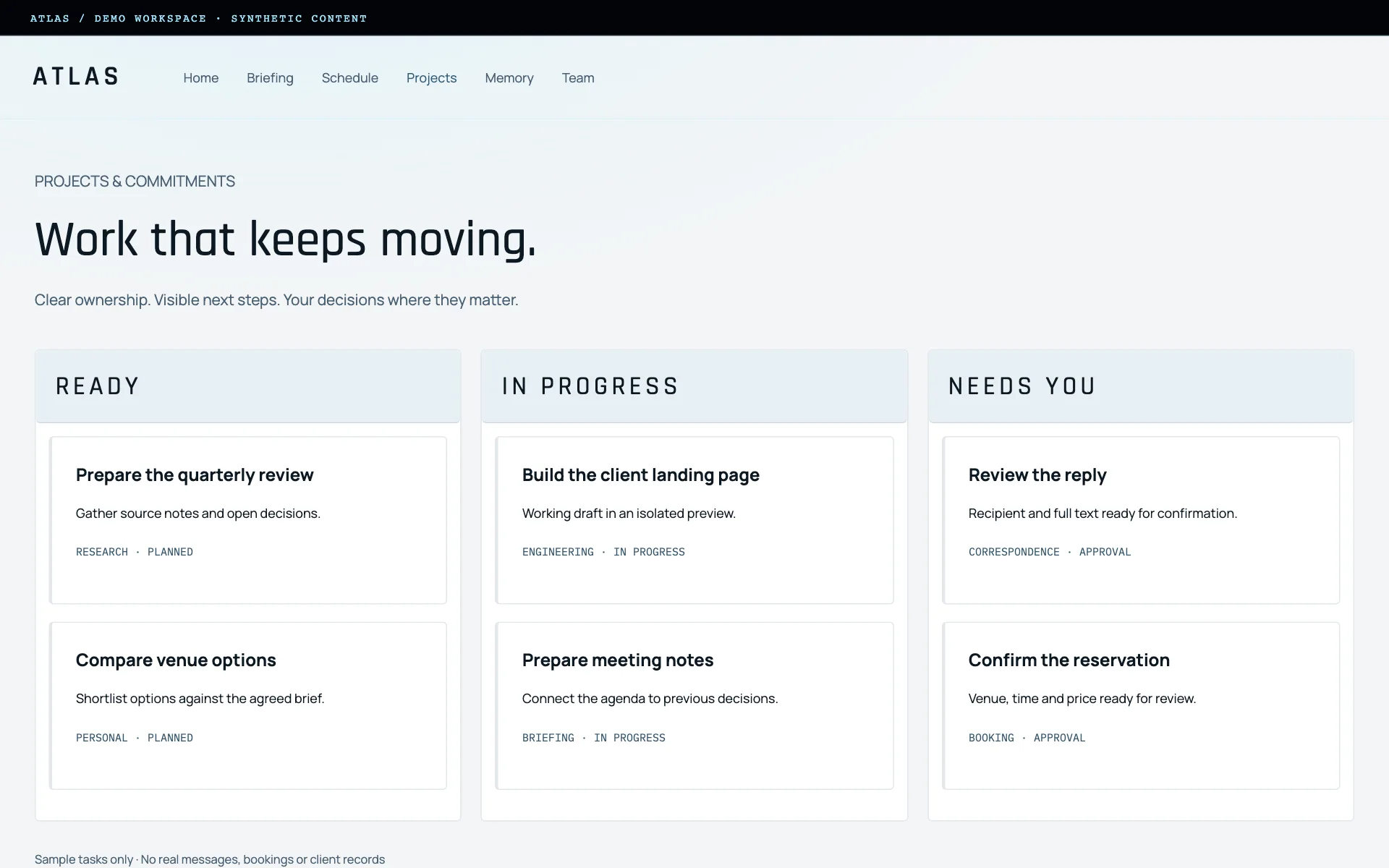 Atlas desktop projects demo with synthetic tasks in Ready, In progress and Needs you columns