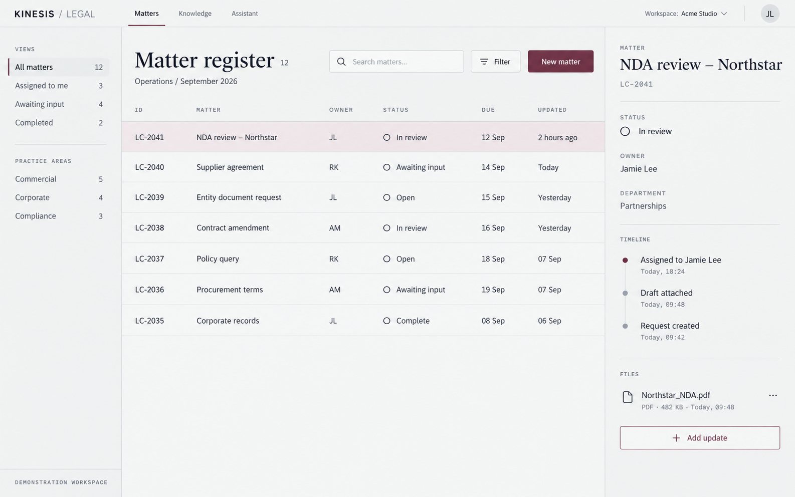 Request status, ownership, attachments, and updates together.