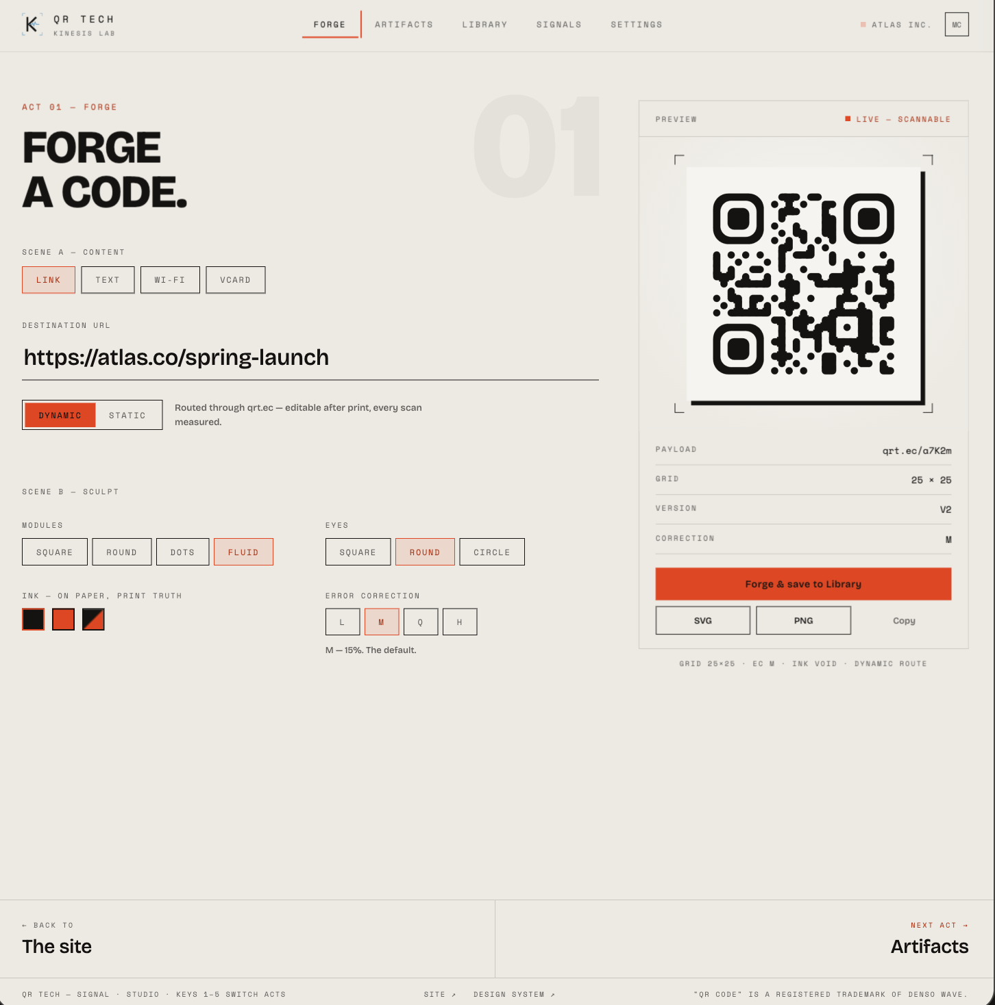 QR Tech Forge with link, text, Wi-Fi and vCard options, dynamic and static modes, code styling and a live QR preview.