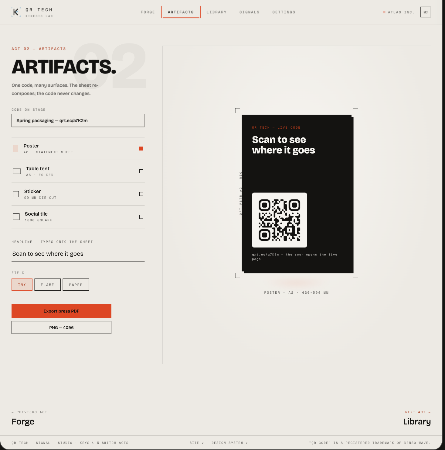 QR Tech Artifacts workspace showing poster, table tent, sticker and social tile formats with an A2 poster preview and export controls.